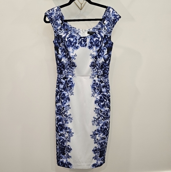 White House Black Market Slimming White Blue Floral Print Sheath Dress Size 2 - Picture 4 of 9